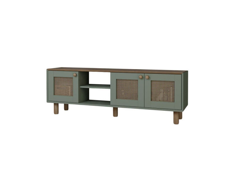 Stojak pod telewizor z drewna i trzciny "Bohemian" - 160 x 40 x 56 cm - Zielony