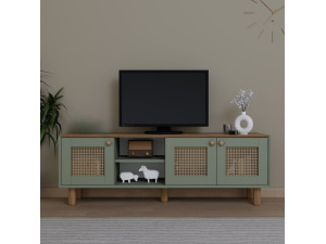 Stojak pod telewizor z drewna i trzciny "Bohemian" - 160 x 40 x 56 cm - Zielony 2
