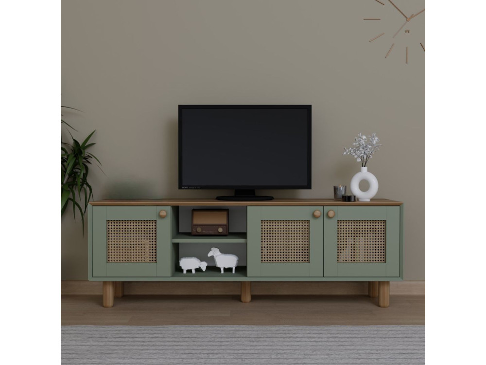 Stojak pod telewizor z drewna i trzciny "Bohemian" - 160 x 40 x 56 cm - Zielony