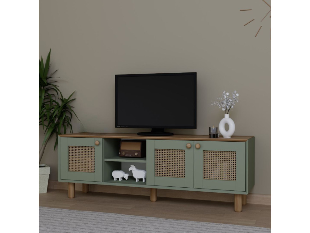 Stojak pod telewizor z drewna i trzciny "Bohemian" - 160 x 40 x 56 cm - Zielony