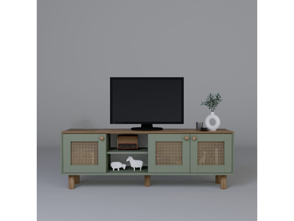 Stojak pod telewizor z drewna i trzciny "Bohemian" - 160 x 40 x 56 cm - Zielony