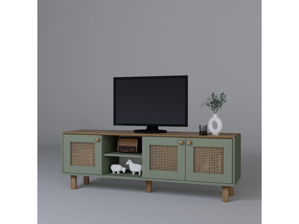 Stojak pod telewizor z drewna i trzciny "Bohemian" - 160 x 40 x 56 cm - Zielony