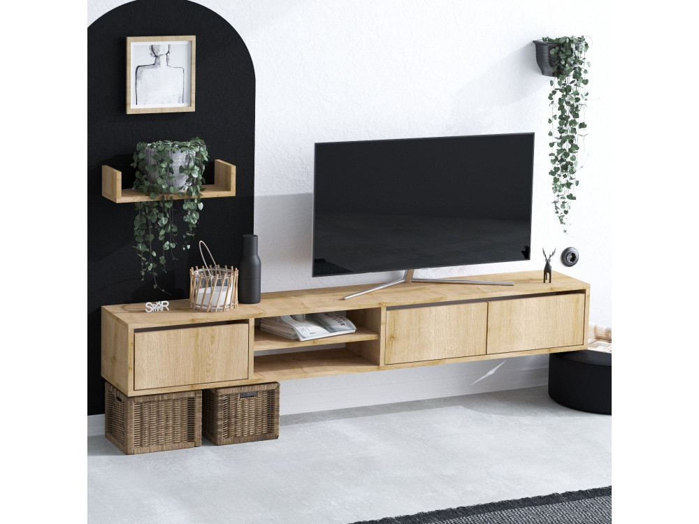 Szafka wisząca pod telewizor "Heka" z drewnianą półką - 180 x 30 x 25 cm - Beżowy
