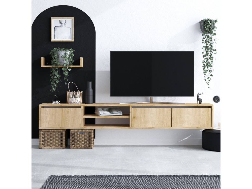Szafka wisząca pod telewizor "Heka" z drewnianą półką - 180 x 30 x 25 cm - Beżowy
