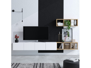 Szafka wisząca TV "Pia" z drewnianą półką - 215 x 32 x 25 cm - Biały 2