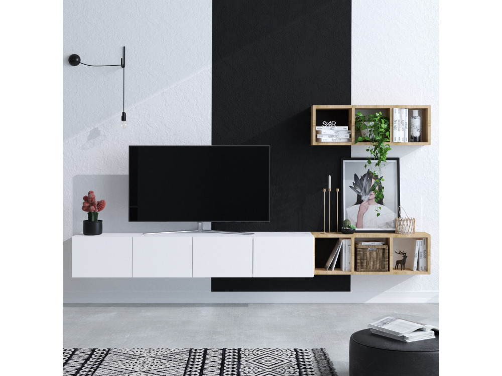 Szafka wisząca TV "Pia" z drewnianą półką - 215 x 32 x 25 cm - Biały