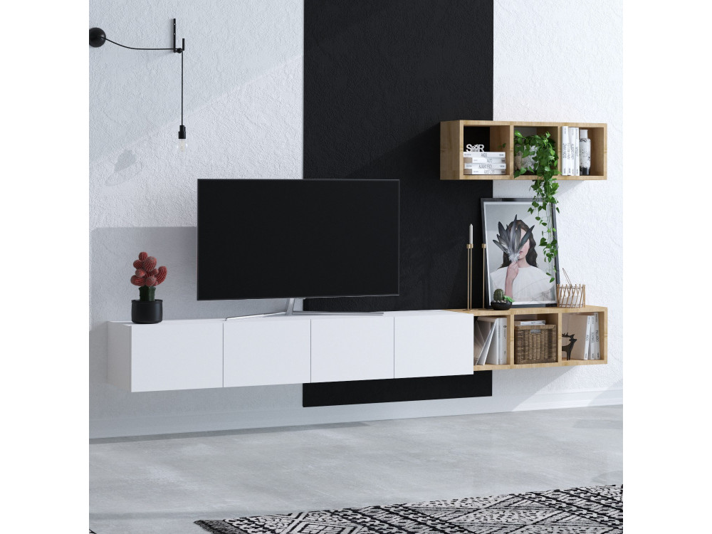 Szafka wisząca TV "Pia" z drewnianą półką - 215 x 32 x 25 cm - Biały