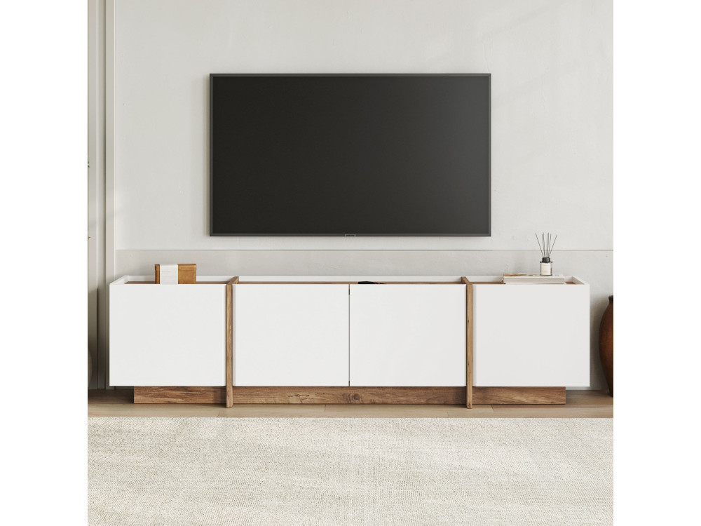 Drewniana szafka pod telewizor "Lowen" - 180 x 35 x 46 cm - Biały / Sosna atlantycka