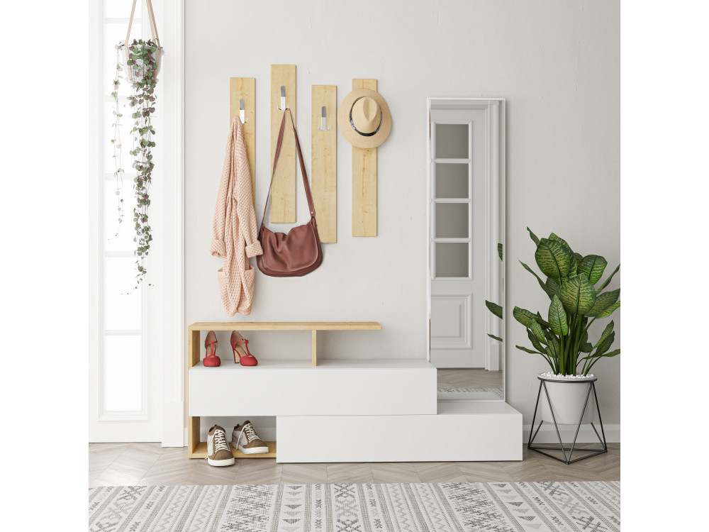 Szafka do przedpokoju "Ramda" z drewnianym lustrem - 137 x 35 x 154 cm - Beżowy