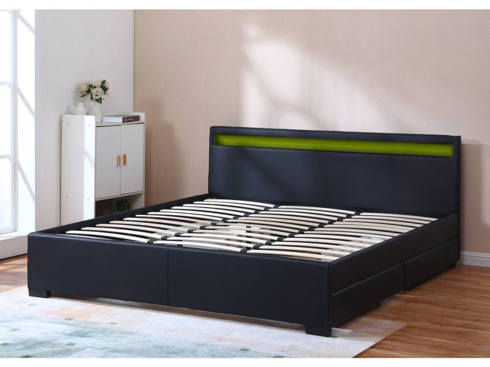 Łóżko podwójne "Nico" z podświetleniem LED - 2 szuflady - 180 x 200 cm - Czarne