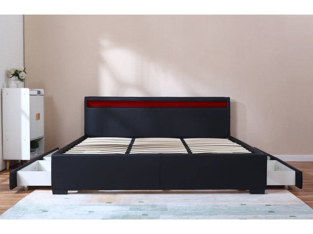Łóżko podwójne "Nico" z podświetleniem LED - 2 szuflady - 180 x 200 cm - Czarne