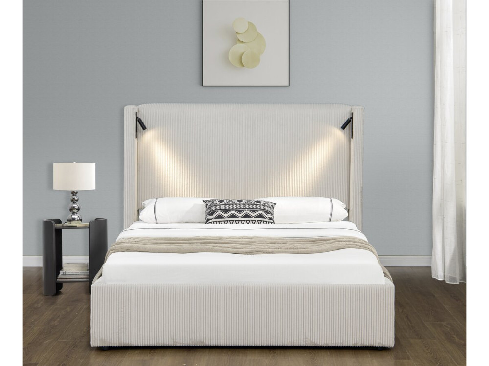 Sztruksowe podwójne łóżko ze zintegrowaną skrzynią i lampką "Cortina" - 160 x 200 cm - Beżowy