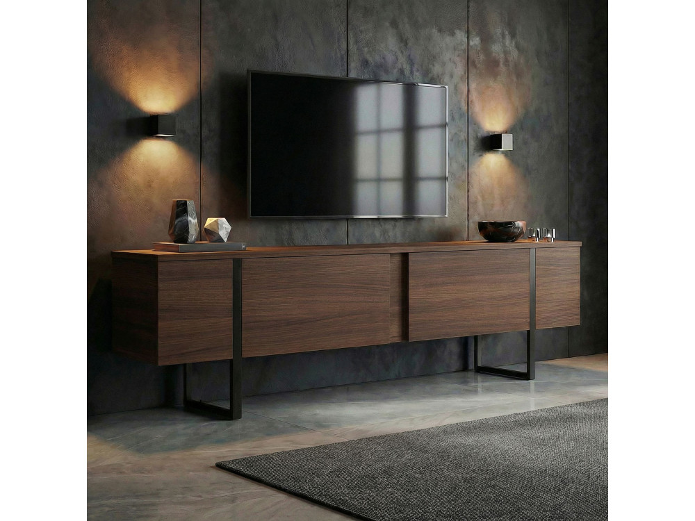 Drewniana podstawa pod telewizor "Onera" - 180 x 30 x 50 cm - Orzech / Czarny