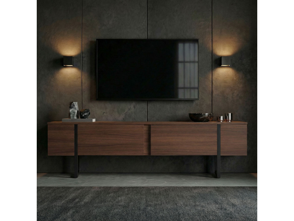Drewniana podstawa pod telewizor "Onera" - 180 x 30 x 50 cm - Orzech / Czarny