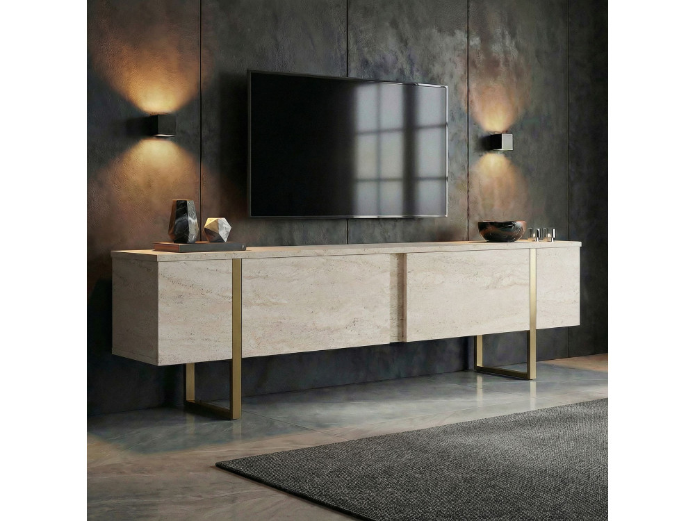 Drewniana podstawa pod telewizor "Onera" - 180 x 30 x 50 cm - trawertyn / złoty