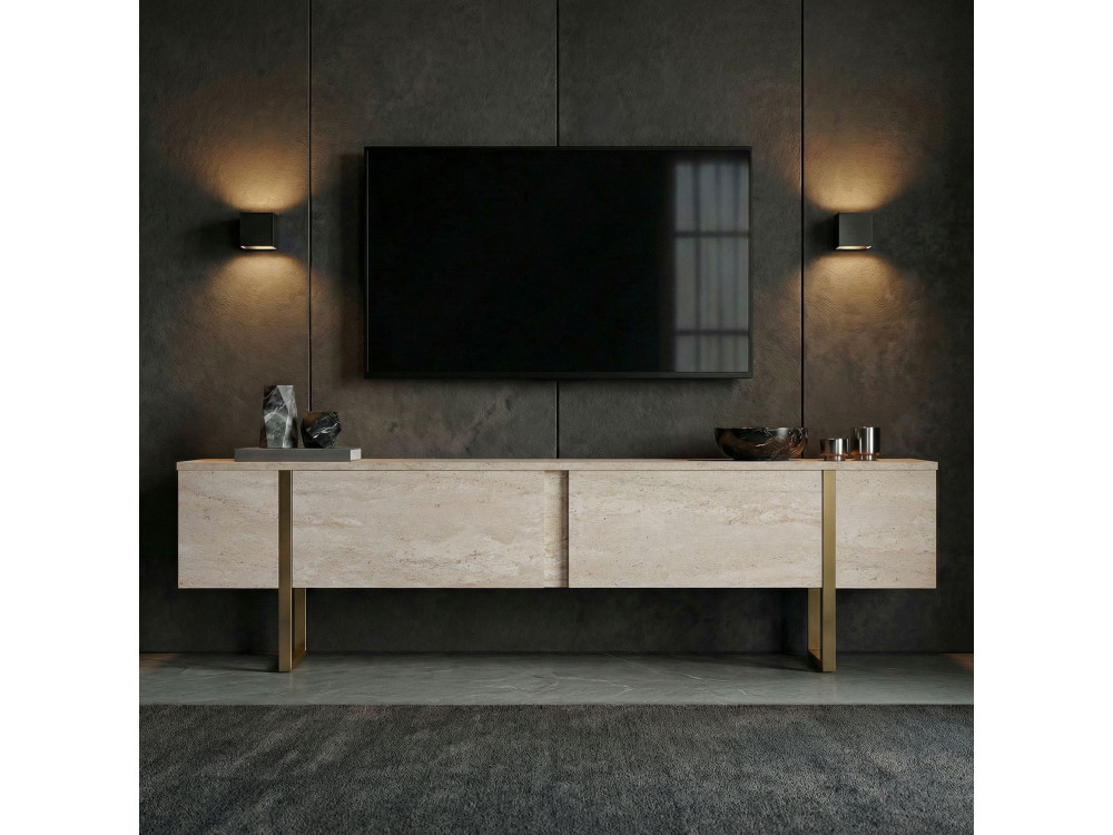 Drewniana podstawa pod telewizor "Onera" - 180 x 30 x 50 cm - trawertyn / złoty