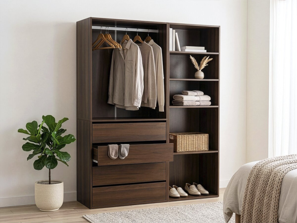 Kit dressing modulable avec penderie, 4 tiroirs et 5 étagères  "Opéra" - 2 éléments - Marron