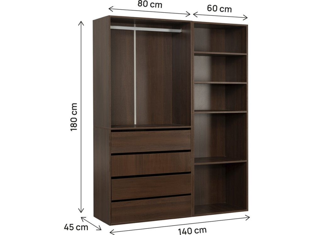 Kit dressing modulable avec penderie, 4 tiroirs et 5 étagères  "Opéra" - 2 éléments - Marron
