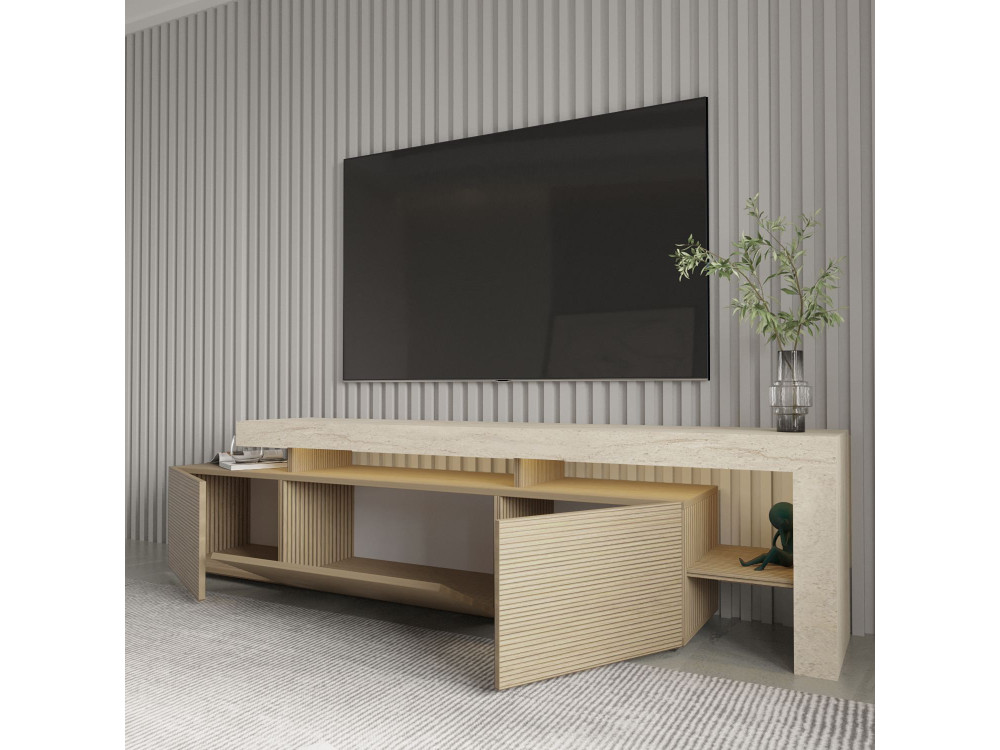 Drewniany stojak pod telewizor "Beliz" - 192 x 37 x 53 cm - Beżowy