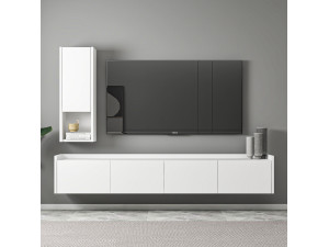 Drewniana szafka pod telewizor "Sema" z półką ścienną - 160 x 30 x 35 cm - Biały 2