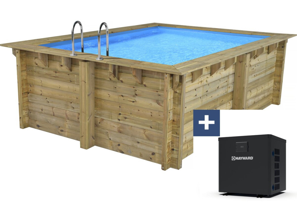 Basen prostokątny drewniany "Caïmans 140" - 4,10 x 3,00 x 1,39 m + mini pompa ciepła 3,5 kW - Metal - Szary