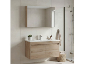 Zestaw szafki pod umywalkę z lustrem (2 elementy) „Side 100 v3” – 100 x 45 x 52 cm – dąb 2