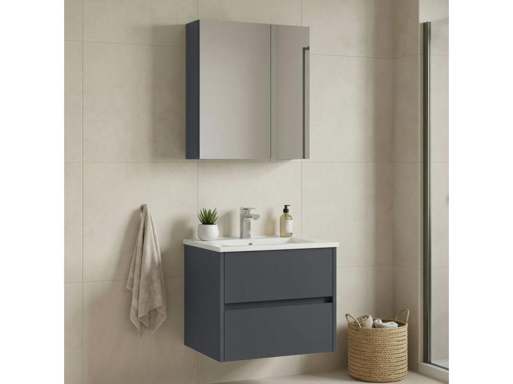 Zestaw szafki pod umywalkę z lustrem (2 elementy) „Side 65 v2” – 65 x 45 x 52 cm – matowy antracyt