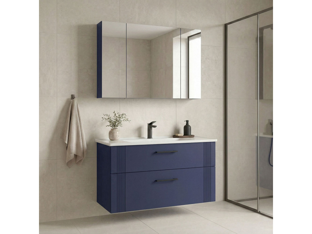 Zestaw szafki pod umywalkę z lustrem (2 elementy) „Bari 100 v2” – 100 x 45 x 55 cm – matowy granatowy
