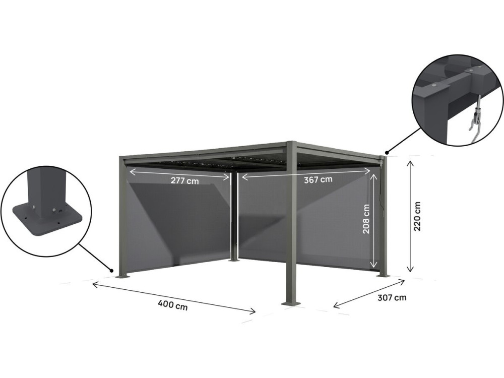 Pergola bioklimatyczna "Howard" z 2 markizami ze stali ocynkowanej - 3 x 4 m - Szary