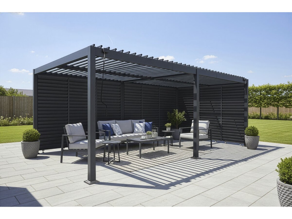 Pergola bioklimatyczna z 9 aluminiowymi żaluzjami „Kensington” – 3 x 6 m – szara