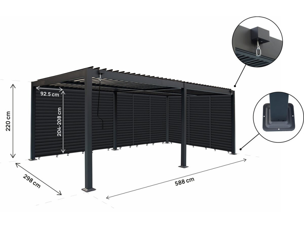 Pergola bioklimatyczna z 9 aluminiowymi żaluzjami „Kensington” – 3 x 6 m – szara