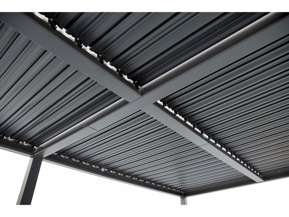 Pergola bioklimatyczna z 9 aluminiowymi żaluzjami „Kensington” – 3 x 6 m – szara