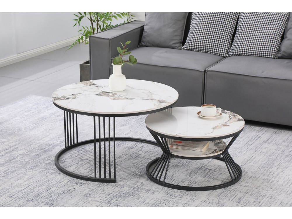 Zestaw 2 ceramicznych stolików kawowych „Ombre” – 70 x 70 x 45 cm – biały