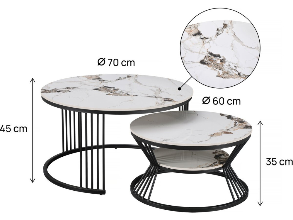 Zestaw 2 ceramicznych stolików kawowych „Ombre” – 70 x 70 x 45 cm – biały