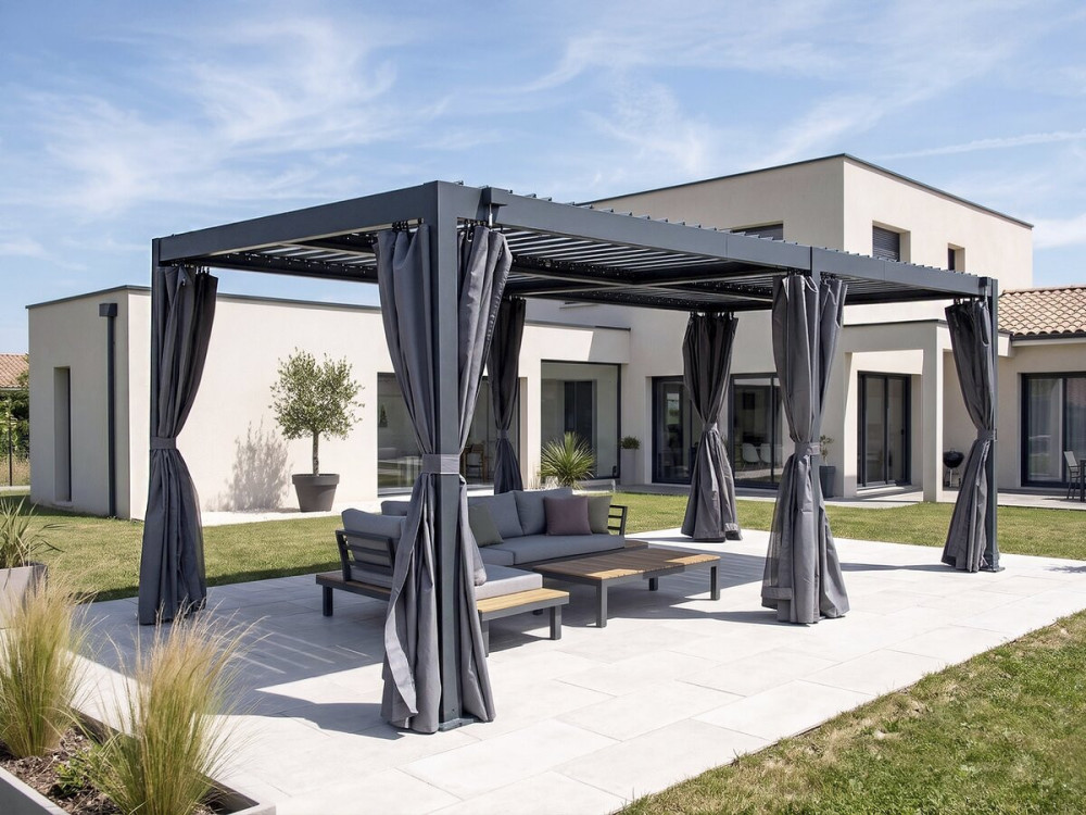 Aluminiowa bioklimatyczna pergola z zasłoną i moskitierą "Kensington" - 3 x 5 m - Szary