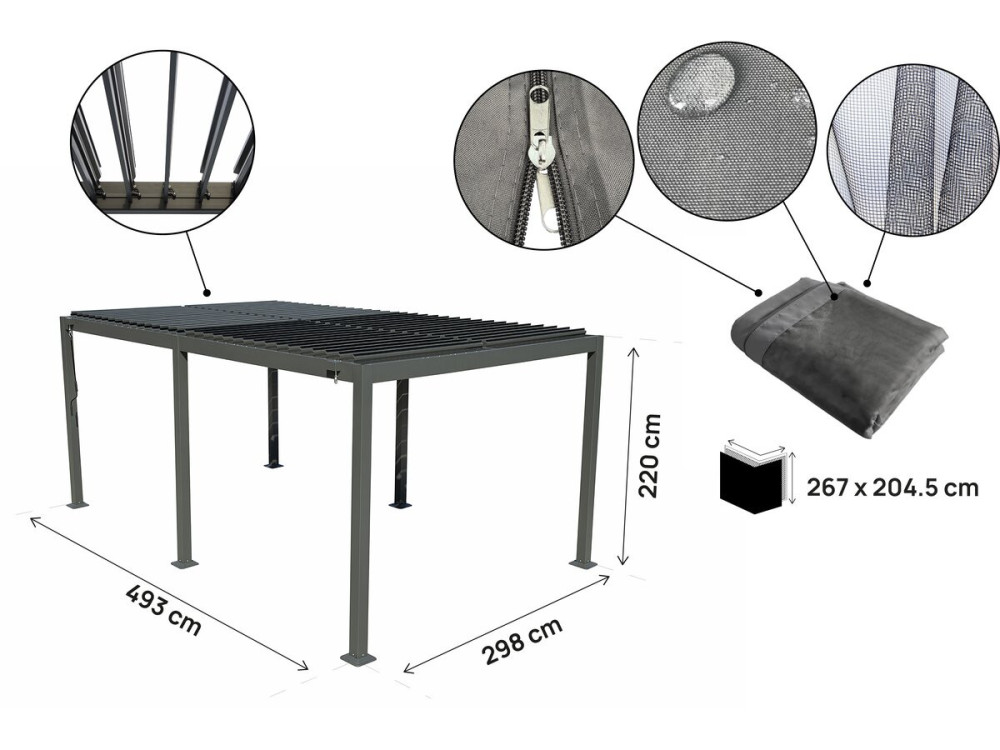 Aluminiowa bioklimatyczna pergola z zasłoną i moskitierą "Kensington" - 3 x 5 m - Szary