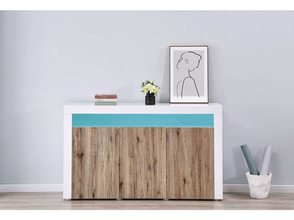 Komoda z oświetleniem LED "Bogota" - 155 x 40 x 92 cm - Dąb / Biała lakierowana