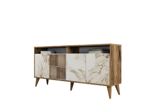Drewniany kredens "Milan" - 160 x 35 x 78 cm - Orzech, Biały marmur