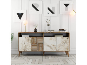 Drewniany kredens "Milan" - 160 x 35 x 78 cm - Orzech, Biały marmur 2