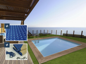Prostokątny basen drewniany "Zanzibar" - 3,50 x 2,30 x 1,24 m - Pokrowiec bąbelkowy 180 µ - Pokrowiec zimowy 280 g/m² 2