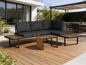 Zestaw mebli ogrodowych "Sylva" modułowa sofa narożna, wykończenie imitacja drewna - 4 osobowa - Szary 2