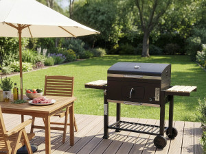 Grill węglowy "Marquis" z półkami bocznymi i regulowanymi rusztami - Czarny 2