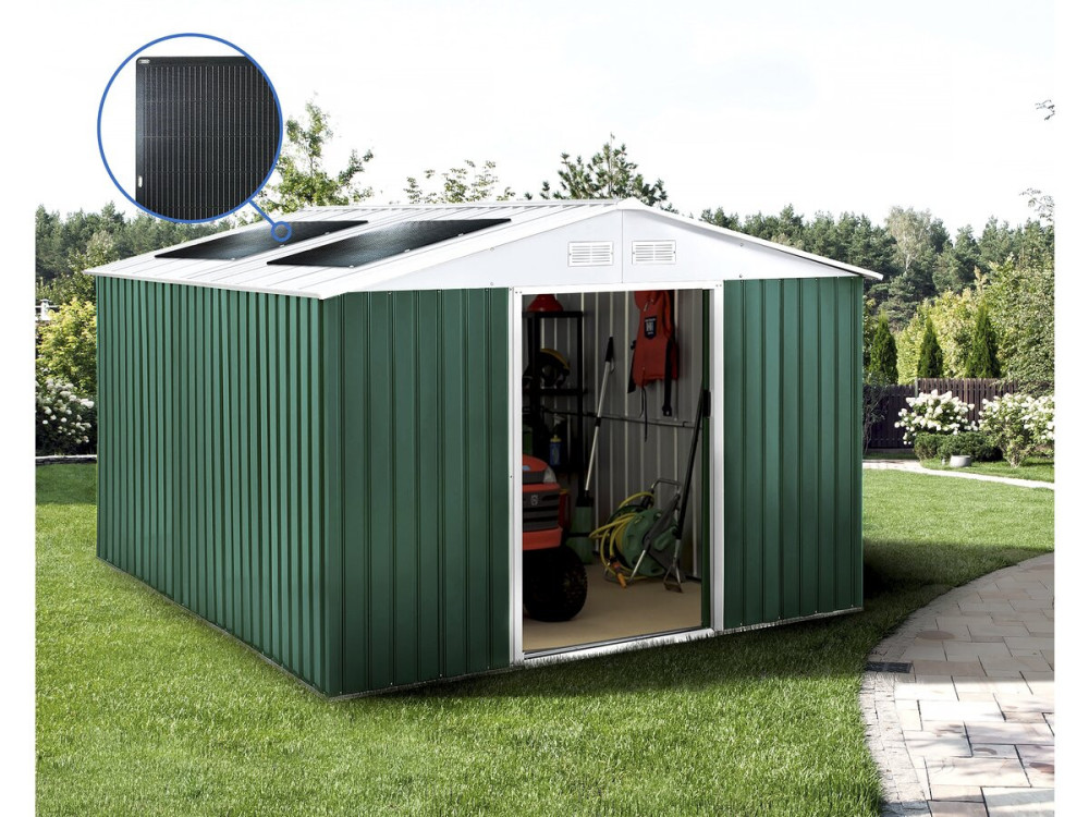 Domek ogrodowy metalowy "Rosas" 10,85 m² z panelami słonecznymi - Zielony