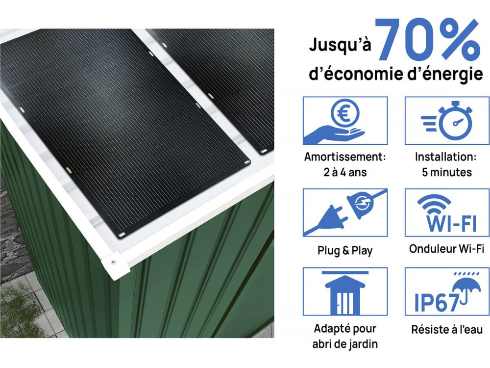 Domek ogrodowy metalowy "Rosas" 10,85 m² z panelami słonecznymi - Zielony