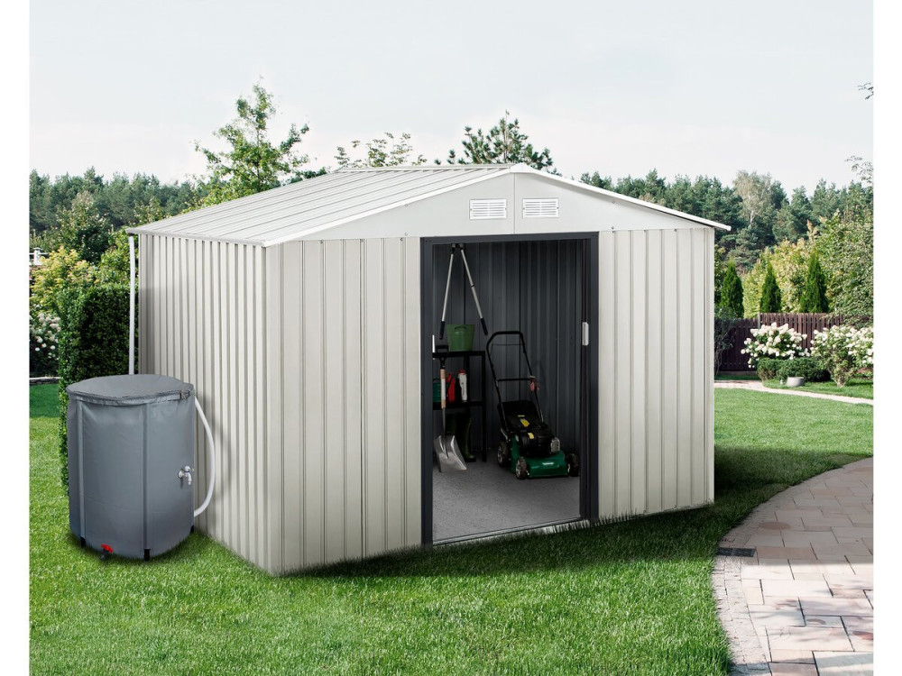 Domek ogrodowy metalowy "Nebraska" - 5,29 m² z rynną i zbiornikiem na wodę