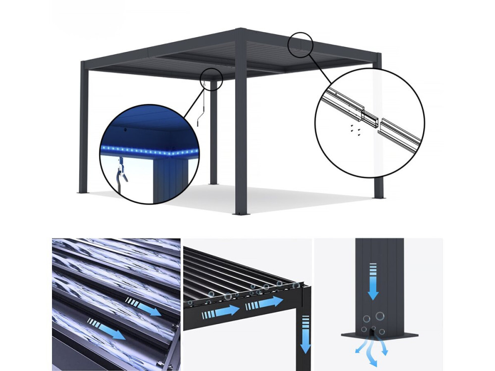 Pergola bioklimatyczna "Windsor" z aluminium z oświetleniem ledowym 3 x 4 - szara