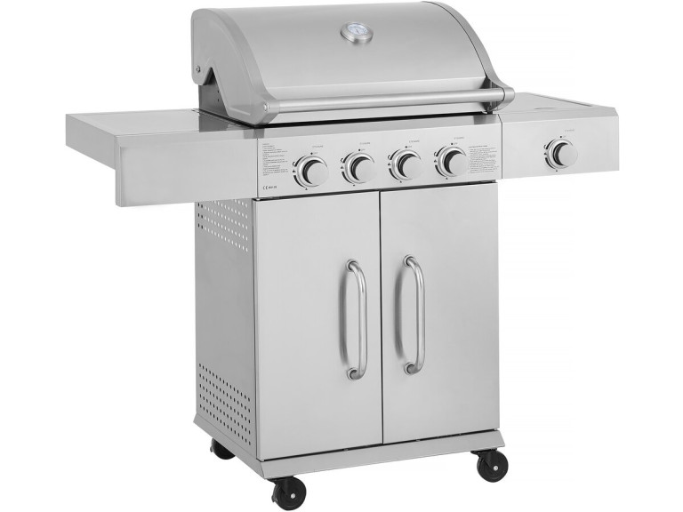 Grill gazowy ze stali nierdzewnej z 5 palnikami, w tym 1 palnik boczny "Brazzo" - 118 x 57 x 104 cm - Jasnoszary