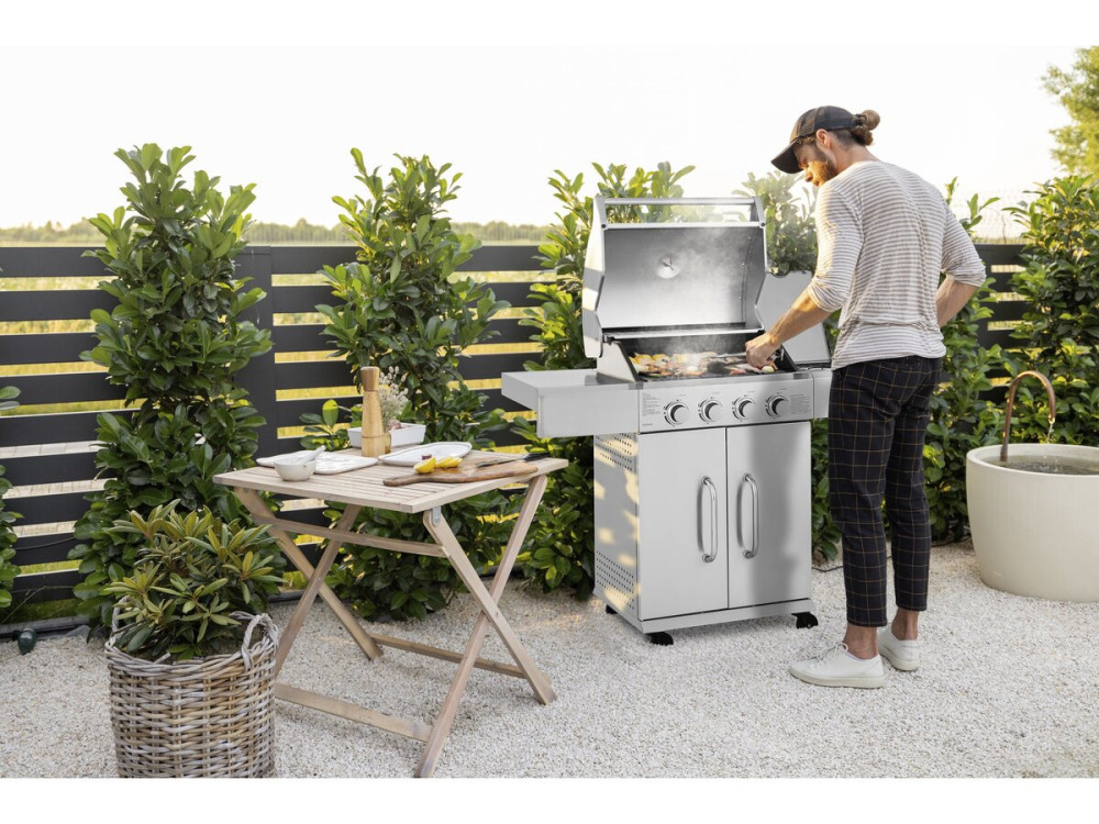 Grill gazowy ze stali nierdzewnej z 5 palnikami, w tym 1 palnik boczny "Brazzo" - 118 x 57 x 104 cm - Jasnoszary