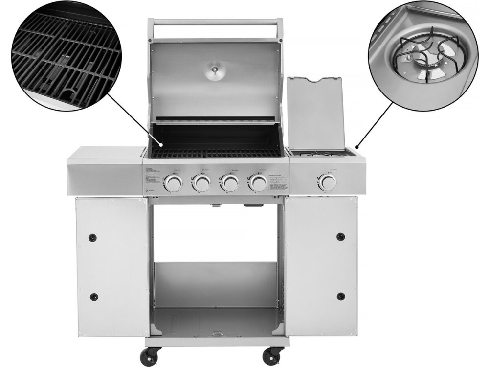 Grill gazowy ze stali nierdzewnej z 5 palnikami, w tym 1 palnik boczny "Brazzo" - 118 x 57 x 104 cm - Jasnoszary