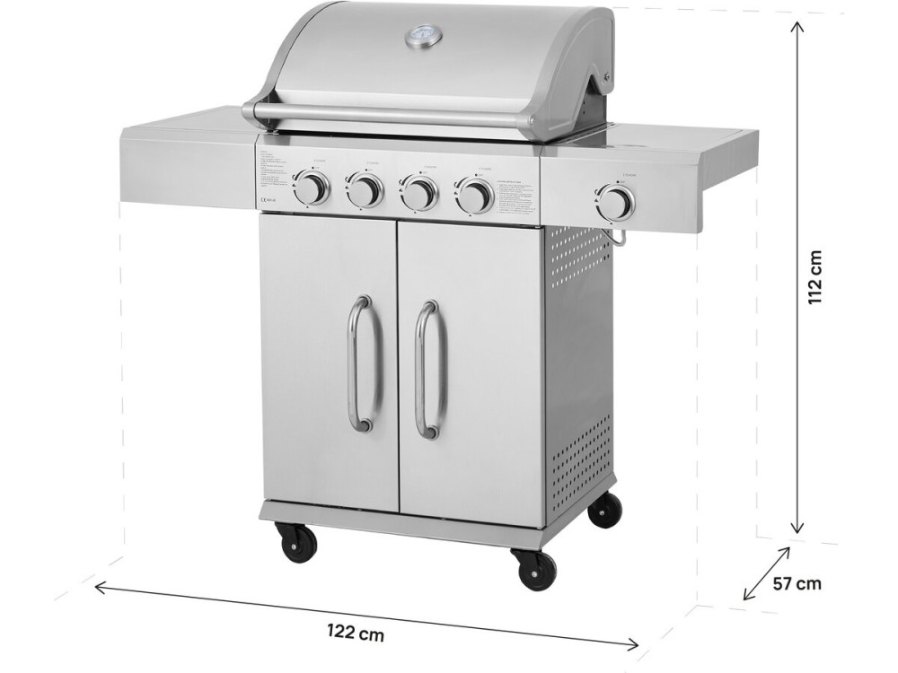 Grill gazowy ze stali nierdzewnej z 5 palnikami, w tym 1 palnik boczny "Brazzo" - 118 x 57 x 104 cm - Jasnoszary